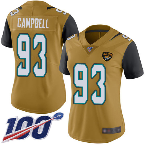 Nike Jacksonville Jaguars 93 Calais Campbell Gold Women Stitched NFL Limited Rush 100th Season Jersey